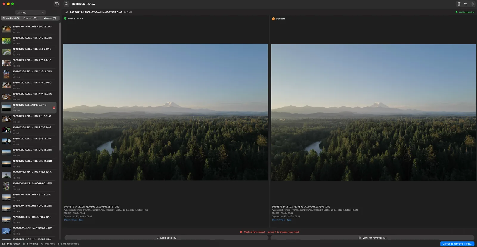 RollScrub's review window: a list of 35 duplicate frames on the left, and the
              same photograph of Mount Rainier shown twice side by side. The left copy is
              marked "Keeping this one", the right "Duplicate", and a
              badge reads "Verified identical".